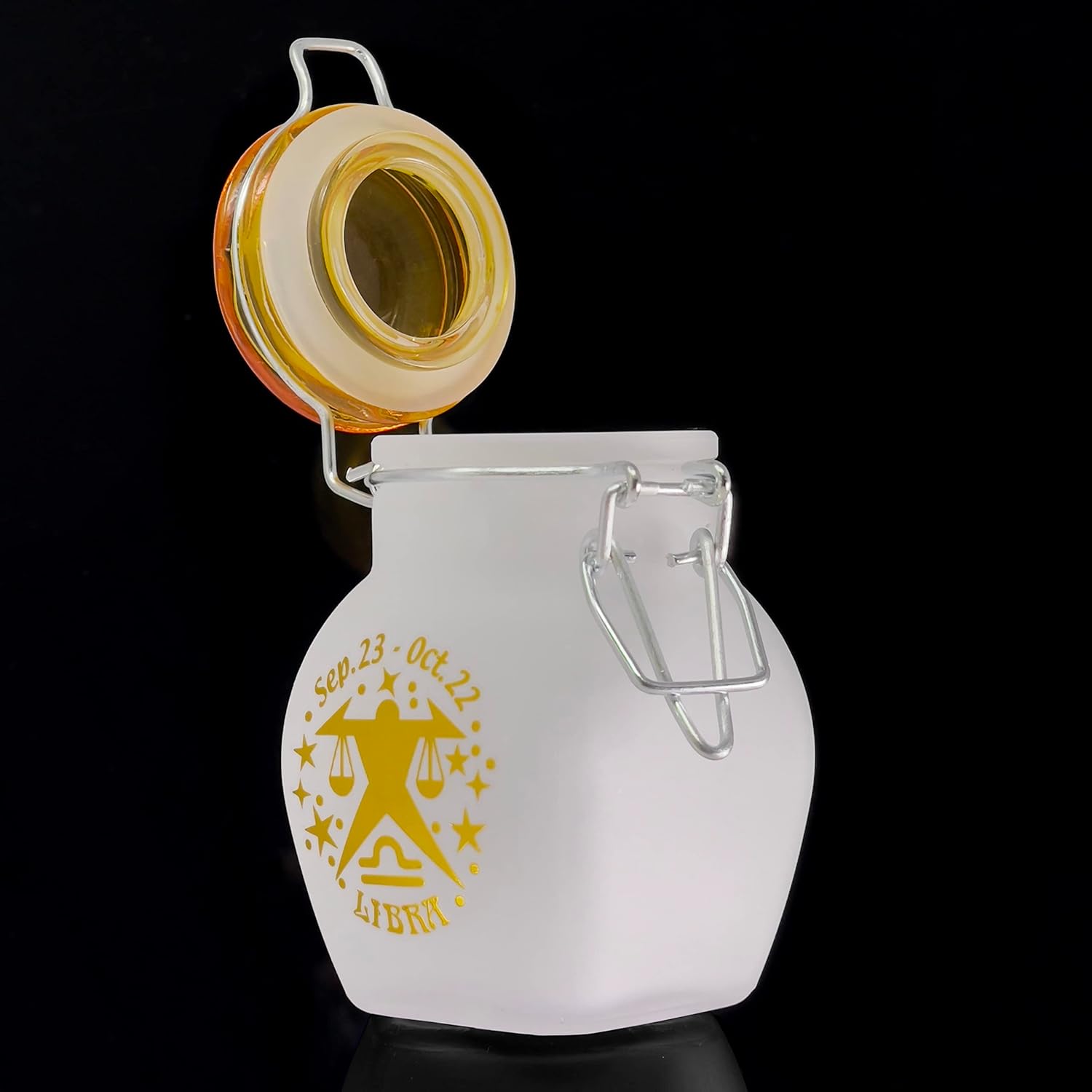 Frasco hermético de almacenamiento de vidrio a prueba de olores, de un cuarto de onza (4.2 fl oz), 3.25 pulgadas (signo de astrología de Libra)