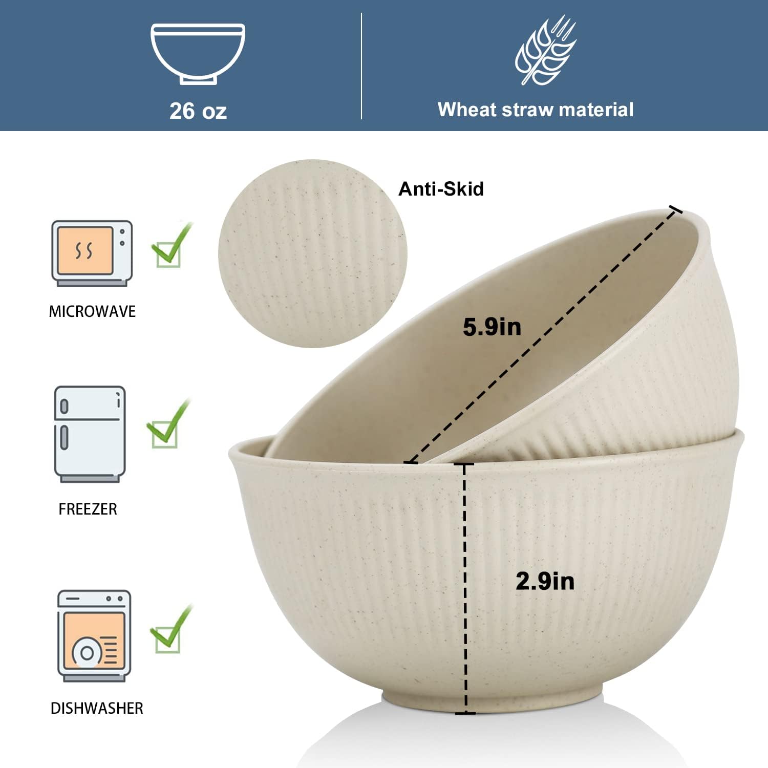 Juego de 8 cuencos de paja de trigo, cuencos irrompibles para cereales de 26 onzas, aptos para microondas y lavavajillas, cuencos para niños