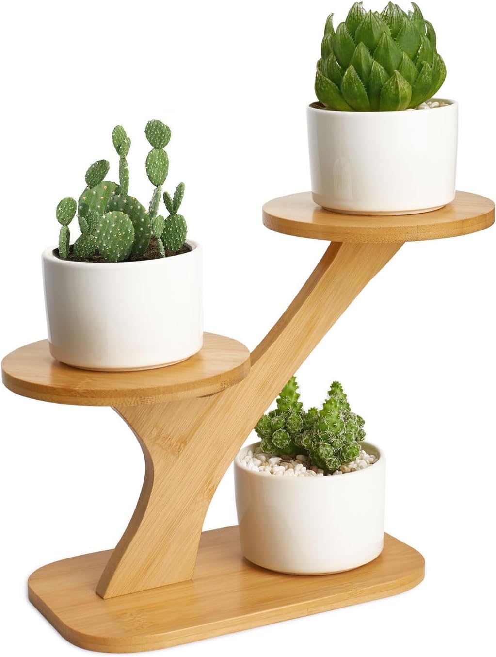 Soporte de bambú para plantas de interior, soporte para plantas de mesa pequeña, soporte de 3 niveles para alféizar de ventana suculentas, soporte