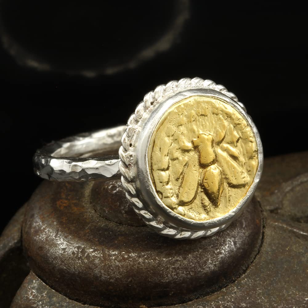 Caprixus 925 Sterling Silver Two Tone Honey Bee 24K Yellow Gold Vermeil Ancient Bumblebee Signet Coin Ring Hammered Rings for Women Designer Fine