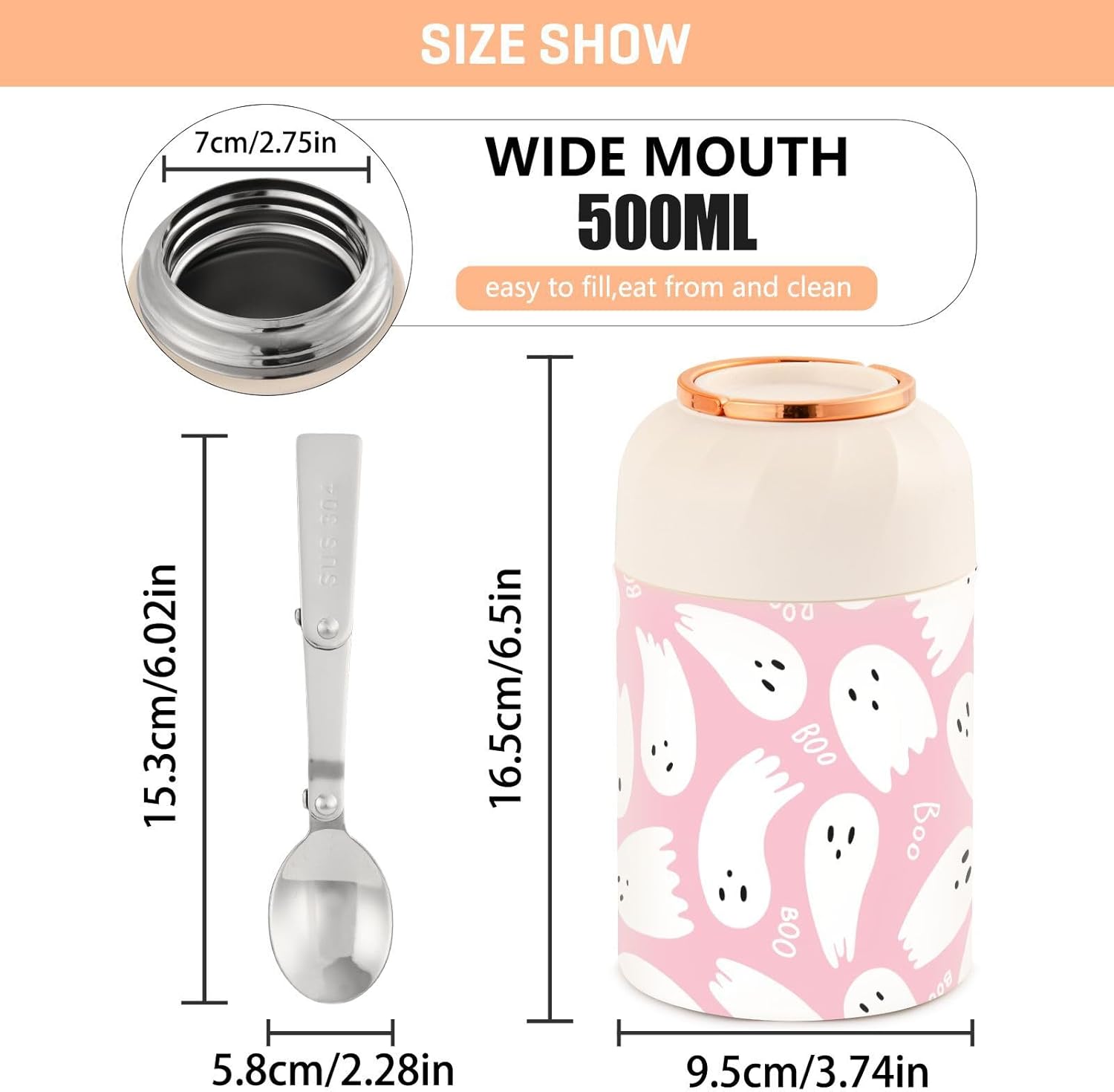 Tarro de comida sellado con cuchara plegable, lonchera de acero inoxidable aislado al vacío para alimentos calientes y fríos, fantasma rosa, boca