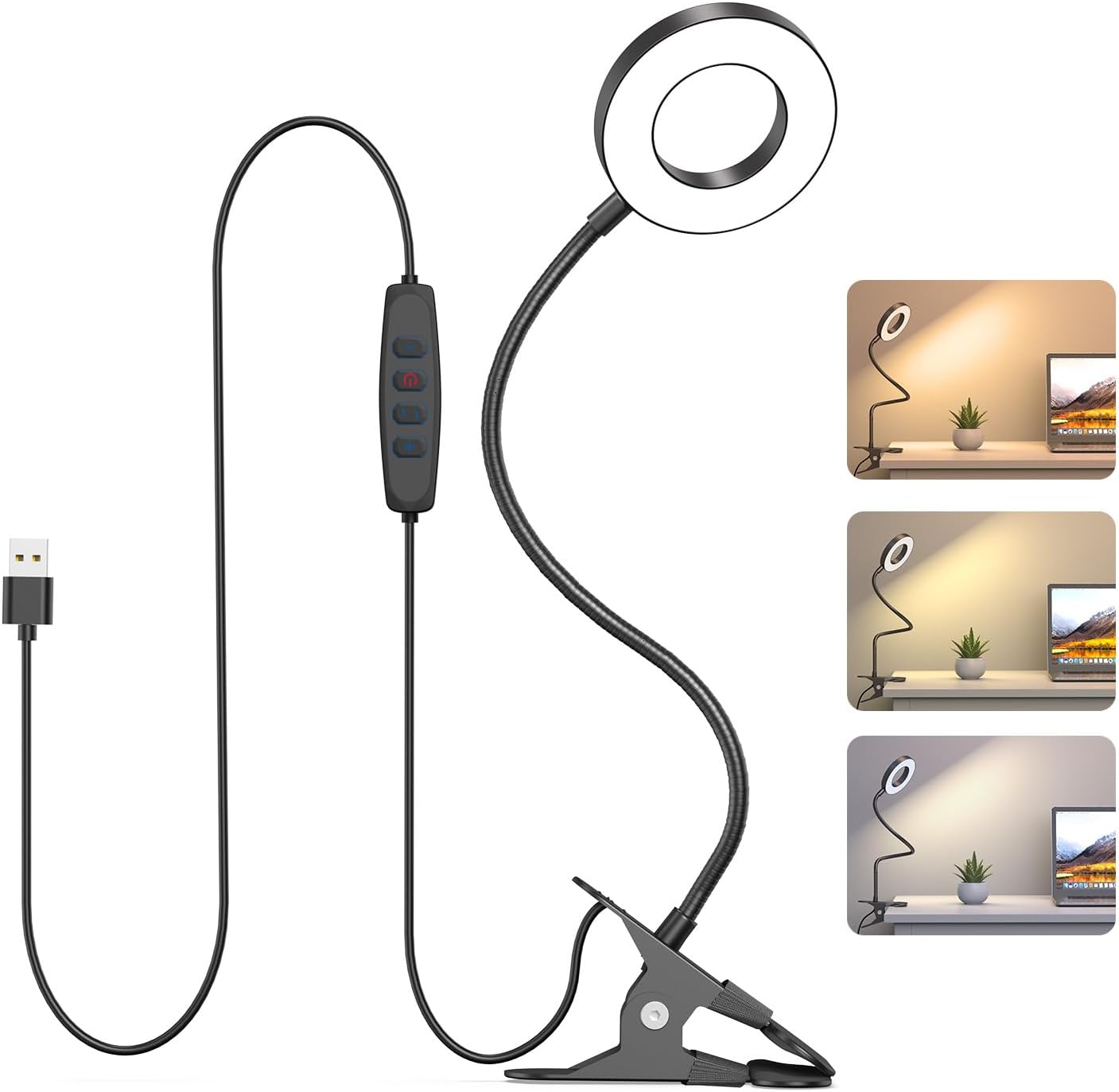 KEXIN Lámpara de mesa con clip, 3 modos de color, 10 brillos con abrazadera para el cuidado de los ojos, lámpara de lectura regulable, lámpara de