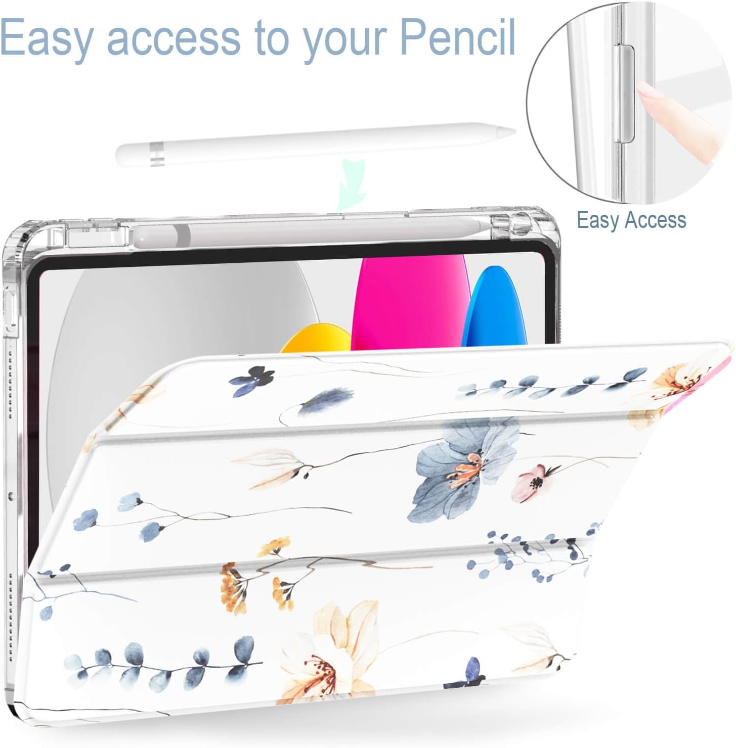 Feams Funda para iPad de 10 generación de 10.9 pulgadas, delgada, ligera, triple pliegue, funda transparente con soporte para lápiz y apagado y