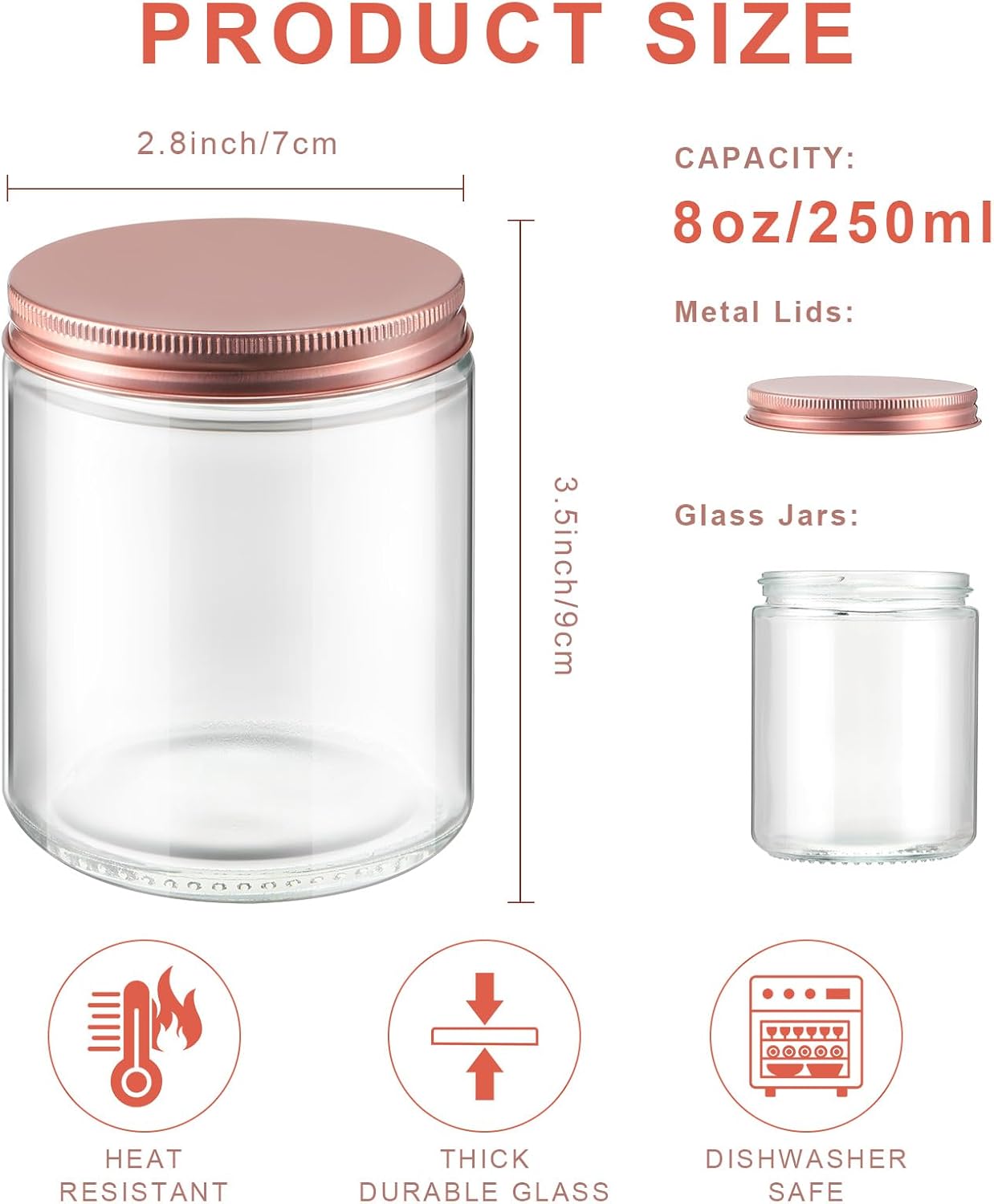 12 tarros de vidrio gruesos de 8 onzas y 8.5 fl oz con tapas de metal, tarros transparentes para hacer velas con tapas de oro rosa, recipientes