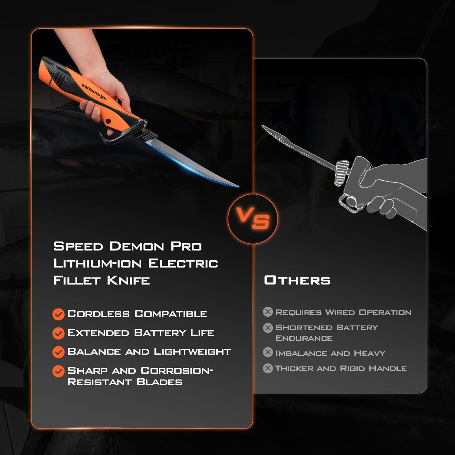 KastKing Speed Demon Pro – Cuchillo de filete eléctrico de iones de litio, cuchillo de pesca recargable inalámbrico con 4 cuchillas, motor de alto