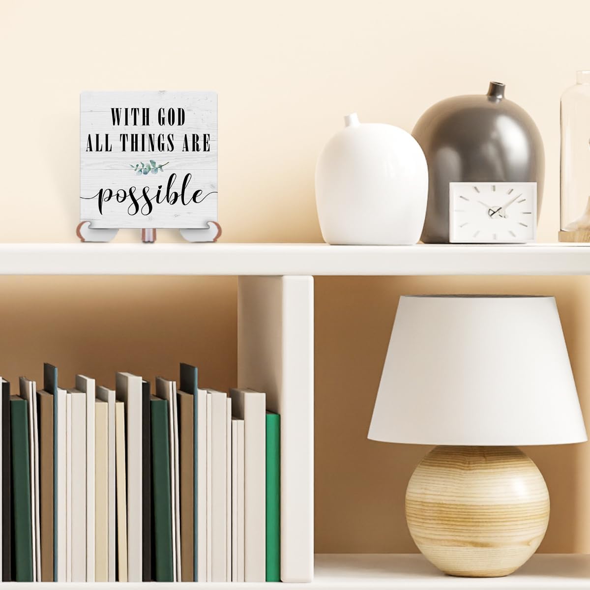 Escritura bíblica cristiana con Dios Todas las cosas son posibles, decoración rústica de escritorio, letrero de madera, placa religiosa y decorativa