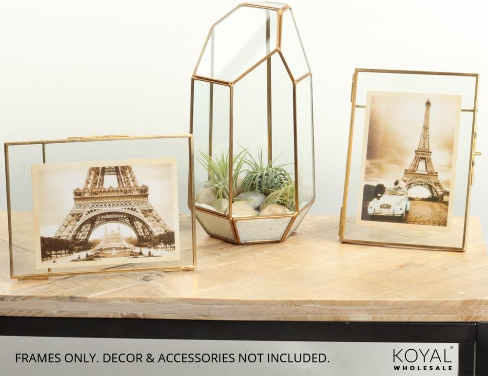 Koyal Wholesale Marcos de fotos flotantes de vidrio prensado de 5 x 7 pulgadas, color dorado, paquete de 8 con soportes para uso horizontal o