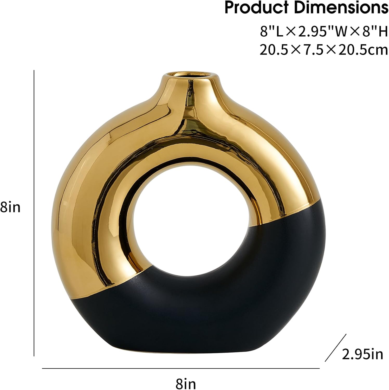 FJS Jarrón redondo de cerámica en forma de rosquilla, 8 pulgadas de largo x 8 pulgadas de alto, color negro y dorado, para hierba de las pampas,