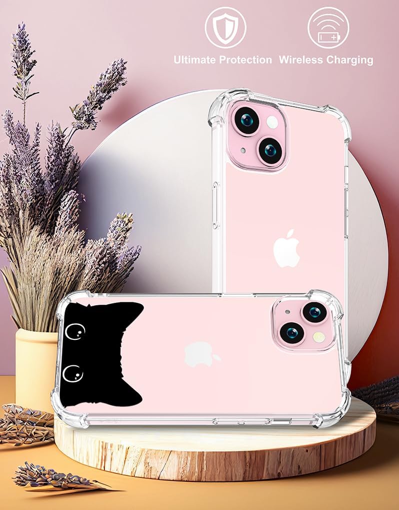 Bonita funda compatible con iPhone 15 transparente para mujer, resistente funda protectora protectora compatible con iPhone 15 (Kawaii Lovely Cat