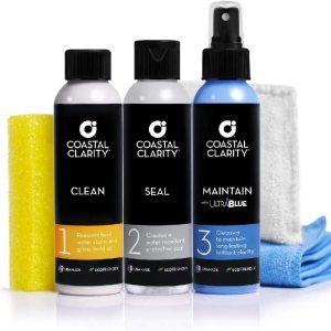 Kit de restauración de puerta de ducha Coastal Clarity, removedor de espuma de jabón, repelente al agua y limpiador de cristales de ducha, sistema Kit de restauración de puerta de ducha Coastal Clarity, removedor de espuma de jabón, repelente al agua y limpiador de cristales de ducha, sistema