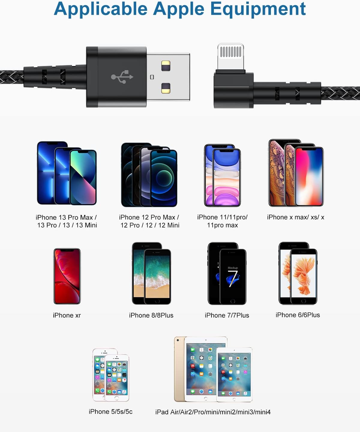 Paquete de 3 cargadores de iPhone de 90 grados de 6 pies, cable de carga Apple iPhone de nailon en ángulo recto de 6 pies, cable Lightning de 6 pies