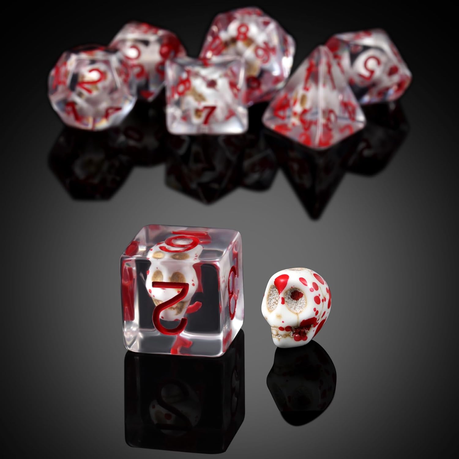 Dados DND de calavera de sangre, juego de dados de resina de calavera DNDND con bolsa de terciopelo para juegos de rol y juegos de mesa (Dungeons
