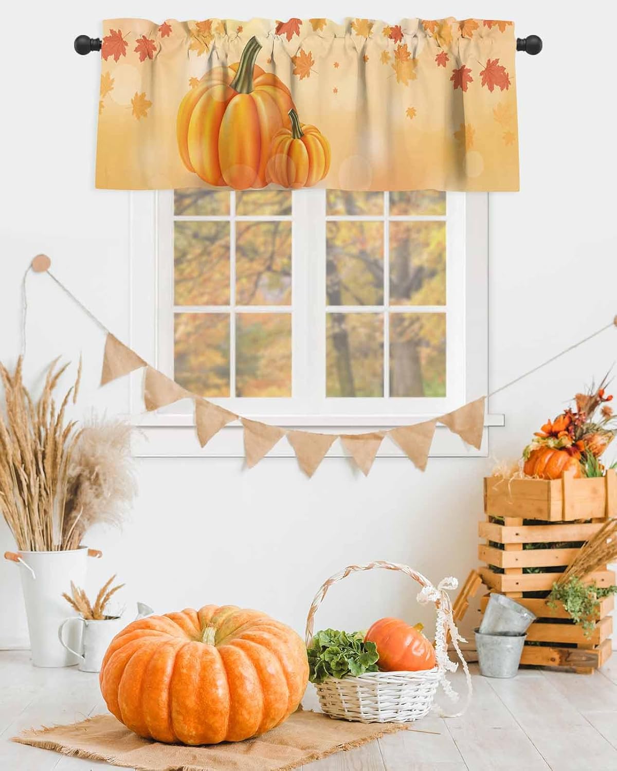 Cenefas de cortina de calabaza de otoño para ventanas, hojas de arce de Acción de Gracias, cenefa con bolsillo para barra, cortinas de ventana