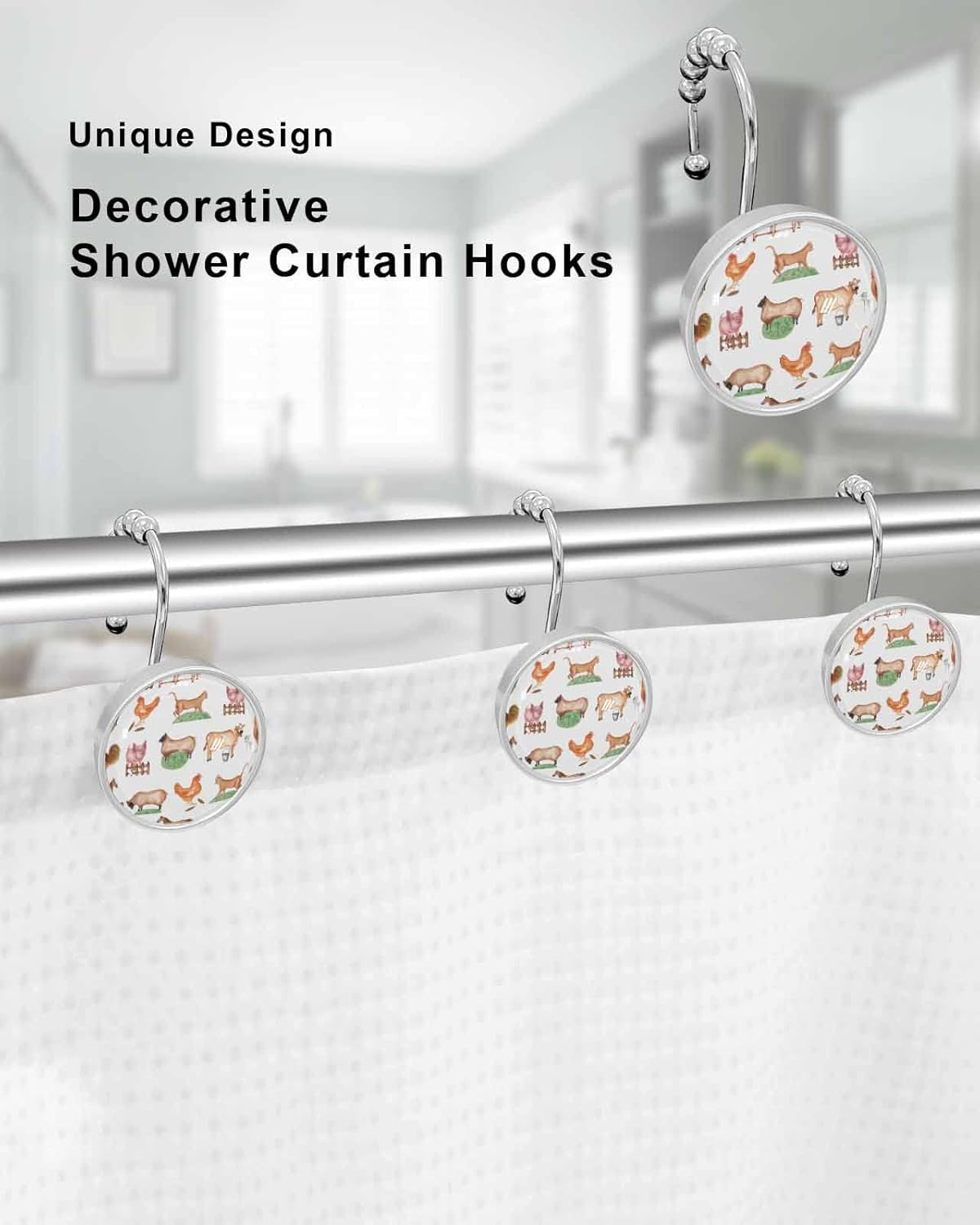 Shower Curtain Hooks Set of 12 Farm Animal Pig Cock Sheep Country Style Crystal Glass Shower Curtain Rings for Bathroom Decorative Stainless Steel