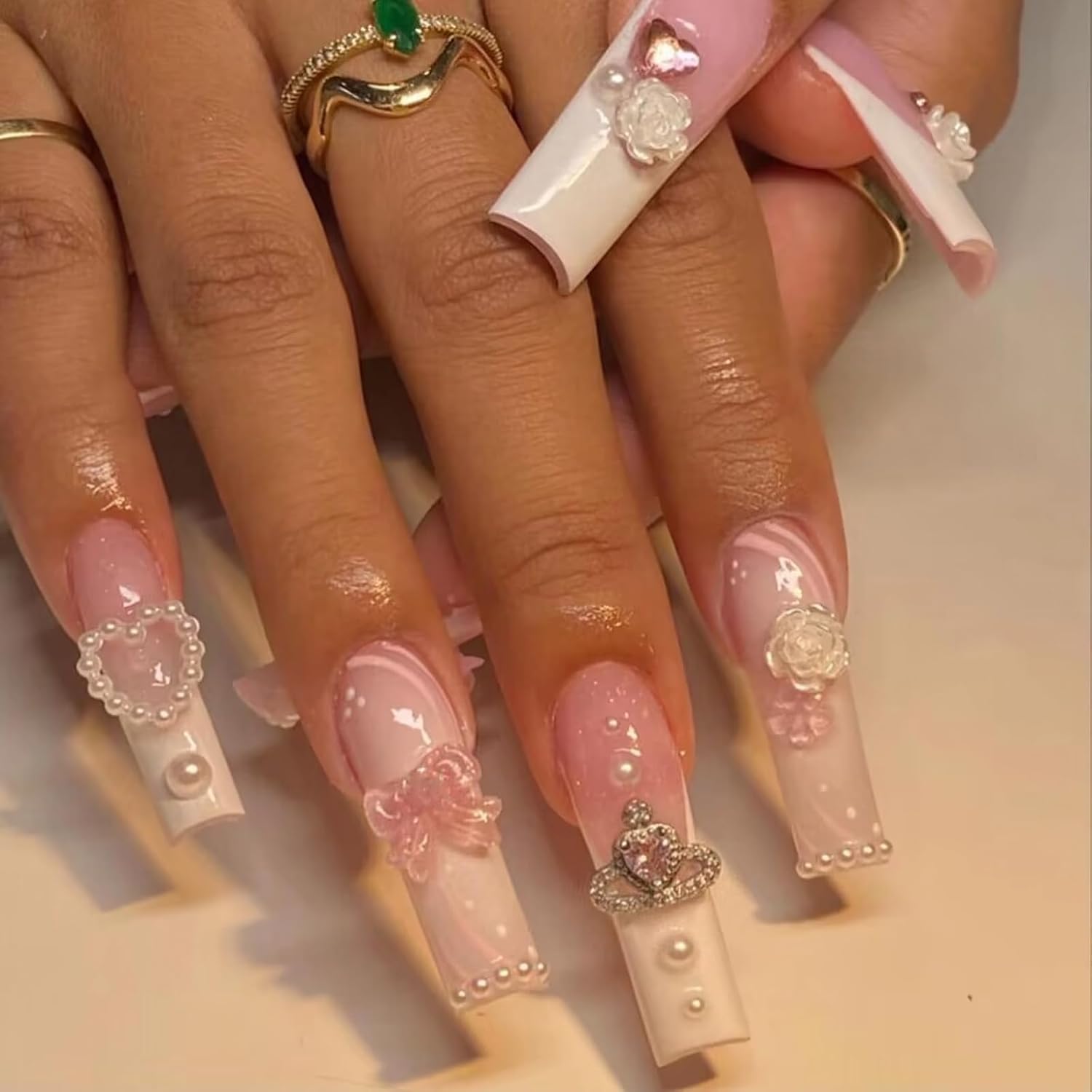 MISUD Uñas postizas cuadradas largas a presión, uñas postizas Squoval, uñas adhesivas brillantes, uñas acrílicas blancas con punta francesa, uñas