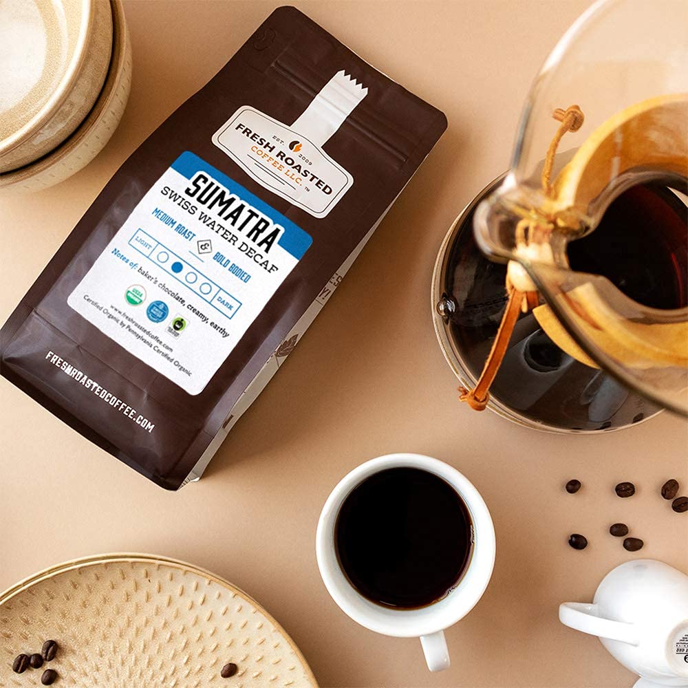 Fresh Roasted Coffee, Sumatra – Descafeinado suizo de agua, 12 onzas, comercio justo Kosher, grano entero tostado medio