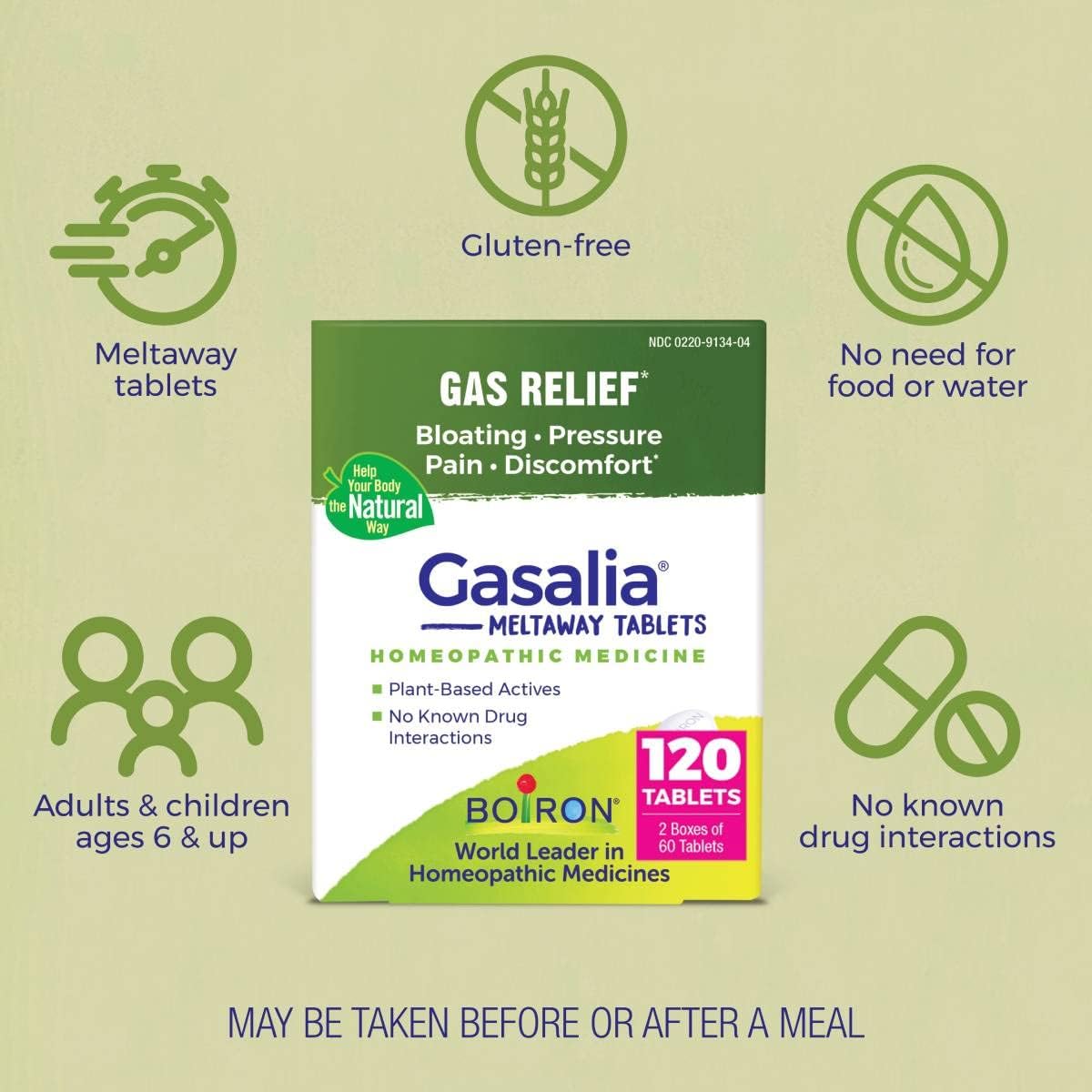 Boiron Gasalia tabletas para aliviar la presión de gas, dolor abdominal, hinchazón y molestias, 120 unidades (2 paquetes de 60)