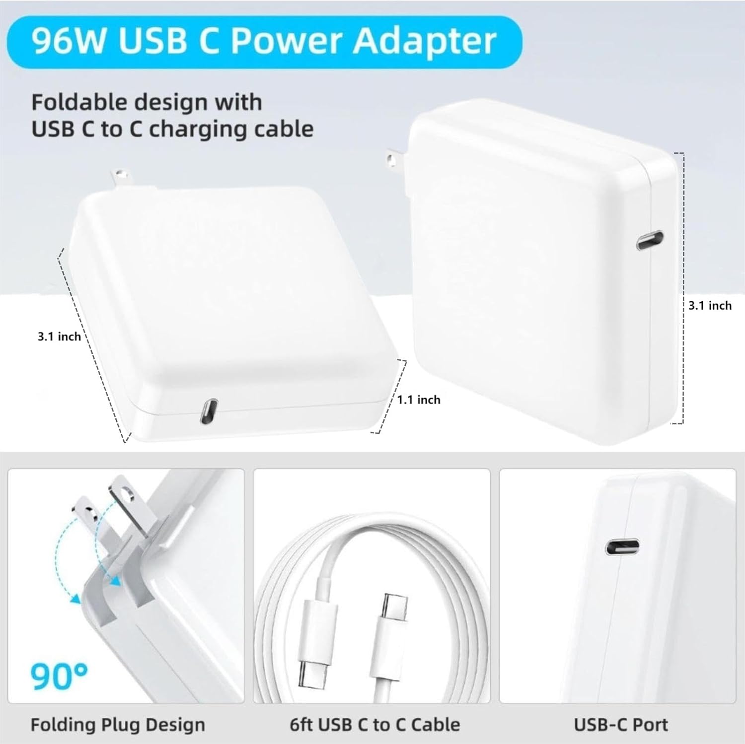 Cargador Mac Book Pro, cargador USB C de 96 W, cargador rápido compatible con USB C MacBook Pro, MacBook Air, iPad Pro, nuevo teléfono inteligente y