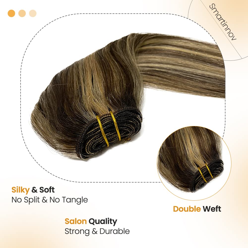 Extensiones de cabello humano Remy con balayage atadas a mano, 24 pulgadas de largo, 4.23 onzas, color castaño medio, con reflejos rubio miel,