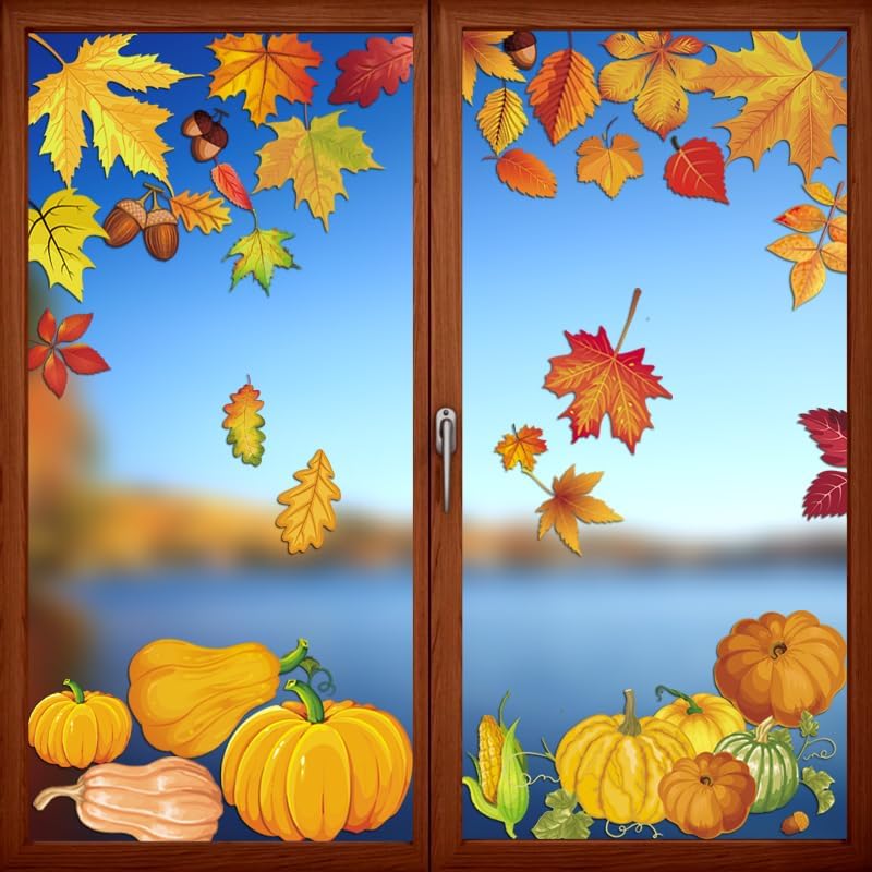 Hojas de otoño, calcomanías extraíbles de calabaza para ventana, de doble cara, otoño, Acción de Gracias, para el hogar, aula, oficina, decoración