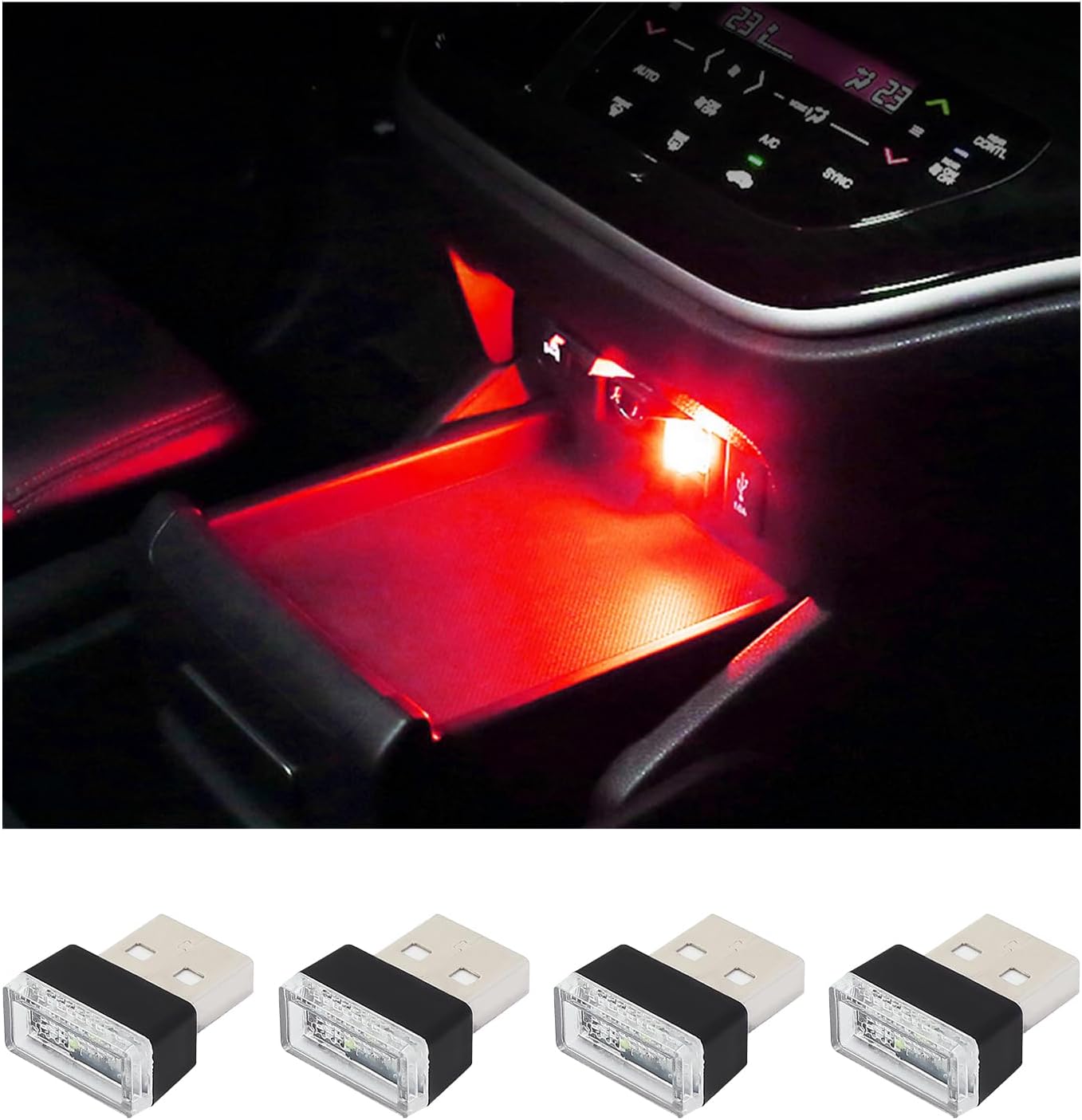Augeny 4 lámparas LED USB para el interior del automóvil, luz nocturna de decoración USB enchufable, kit de iluminación ambiental portátil para
