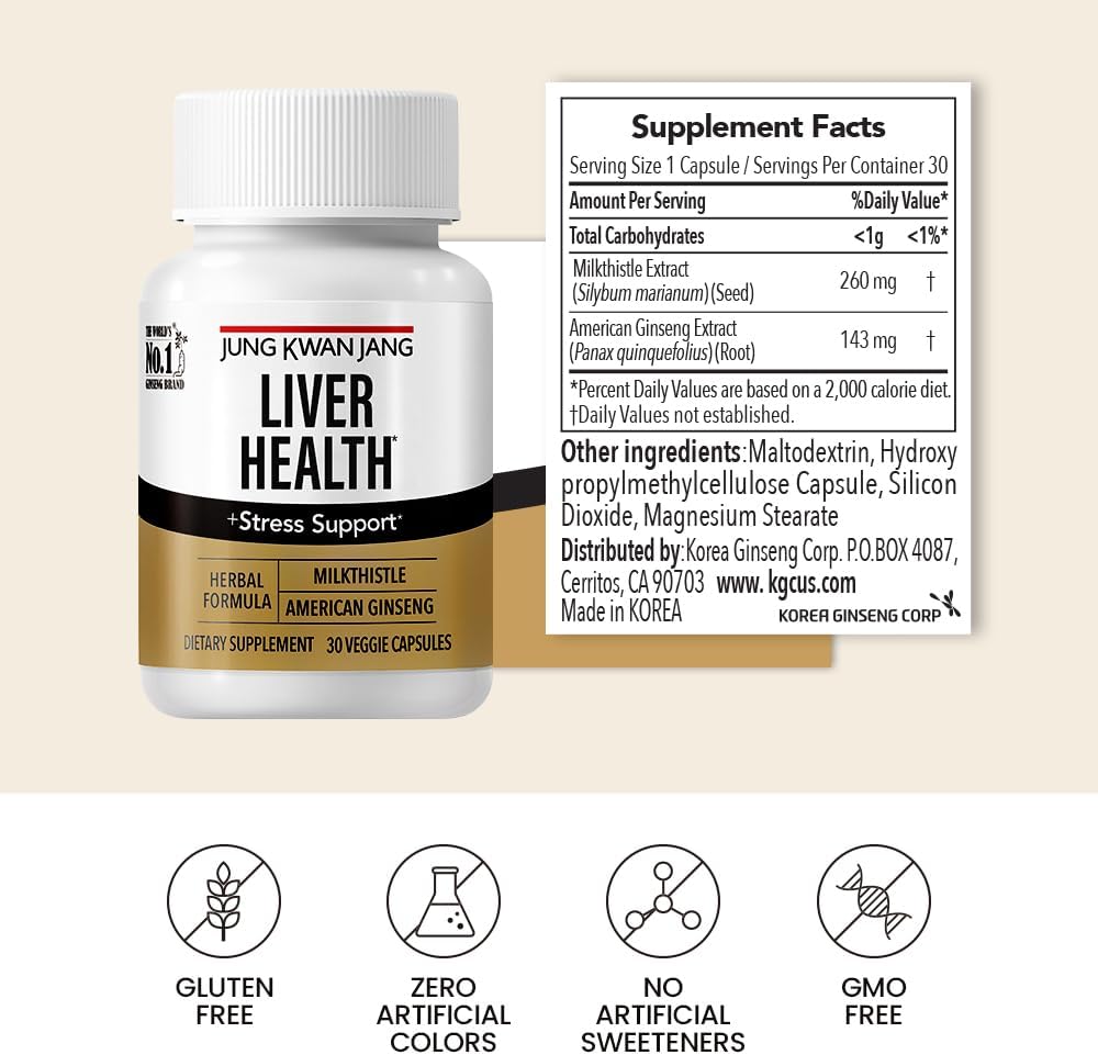 JungKwanJang Suplemento de salud hepática con cardo mariano 260 mg (silimarina) y ginseng americano 1,000 mg – Desintoxicación del hígado graso y