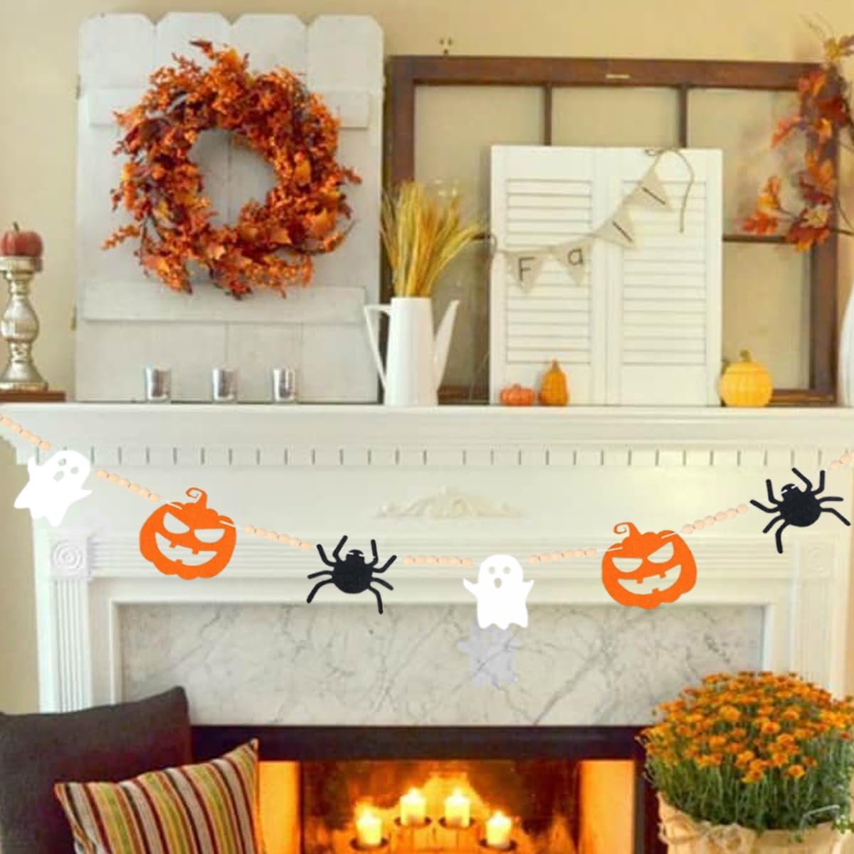 Decoraciones de Halloween Garlan de fieltro para interiores y exteriores, guirnalda de cuentas de madera de araña fantasma de fieltro para