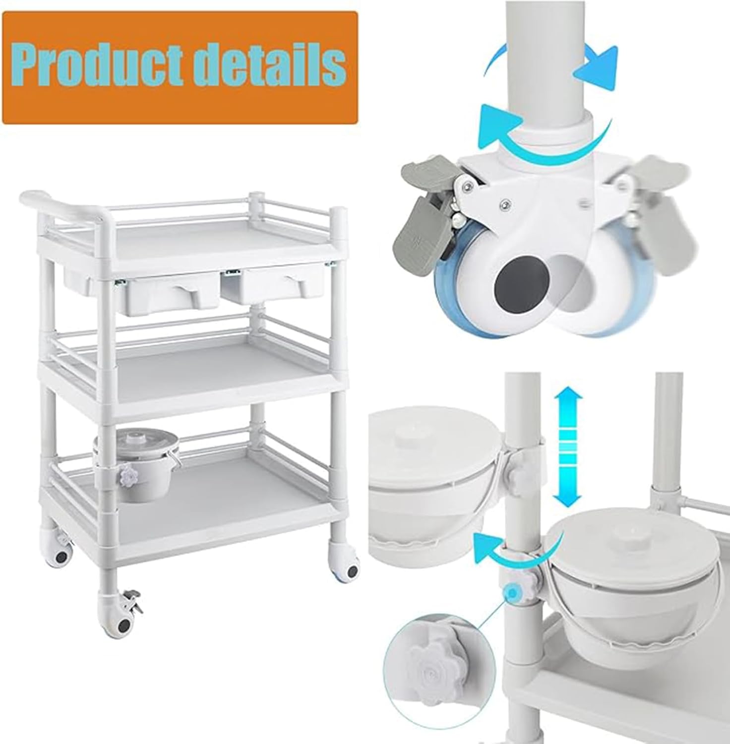 Carros médicos móviles de 3 niveles, carrito utilitario rodante de carga máxima de 330 libras, carrito de ultrasonido con ruedas, cajones, cubo de