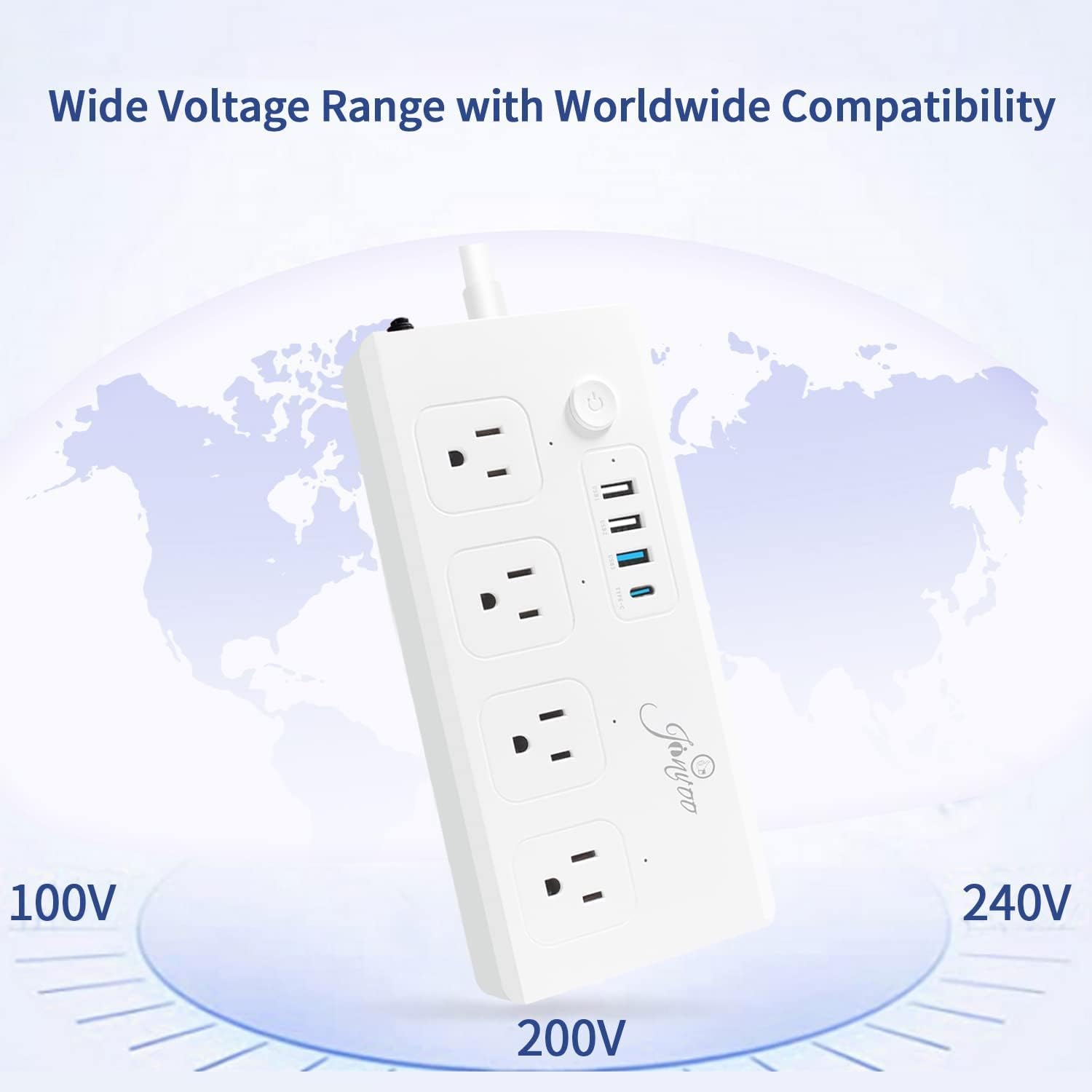Regleta de protección contra sobretensiones, 4 salidas de CA, 1 USB C 1 tipo C 2 USB 40 W 1250J con puerto de entrega PD de 5 pies de largo, cable