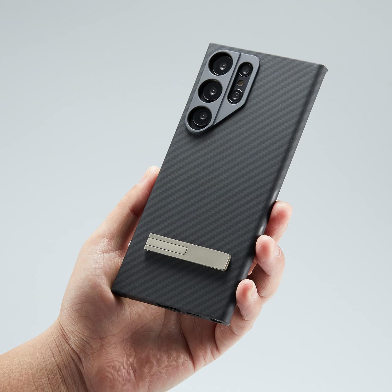 Funda compatible con Samsung Galaxy S23 Ultra, con soporte, fibra de carbono de aramida, diseño de moda para protección de lente de metal de