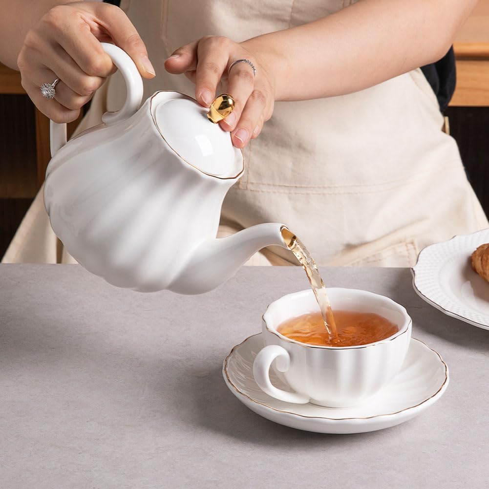 Sweejar Royal Teapot, tetera de cerámica con infusor extraíble de acero inoxidable, tetera de hojas sueltas y florecientes, 40 onzas (blanco)