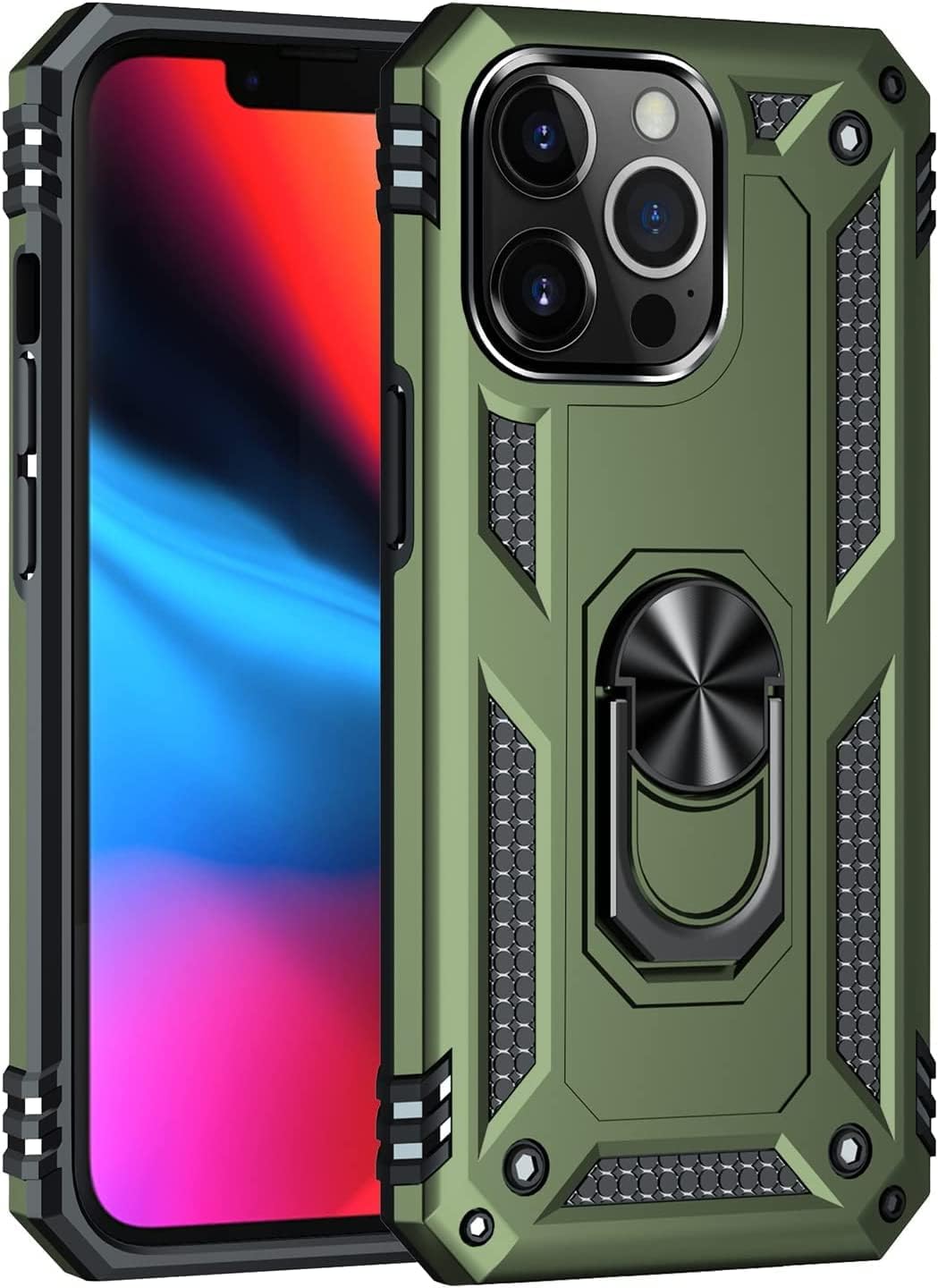 Korecase Funda para iPhone 13 Pro Max, protección extrema armadura militar de doble capa con anillo giratorio de 360 grados, soporte de soporte,