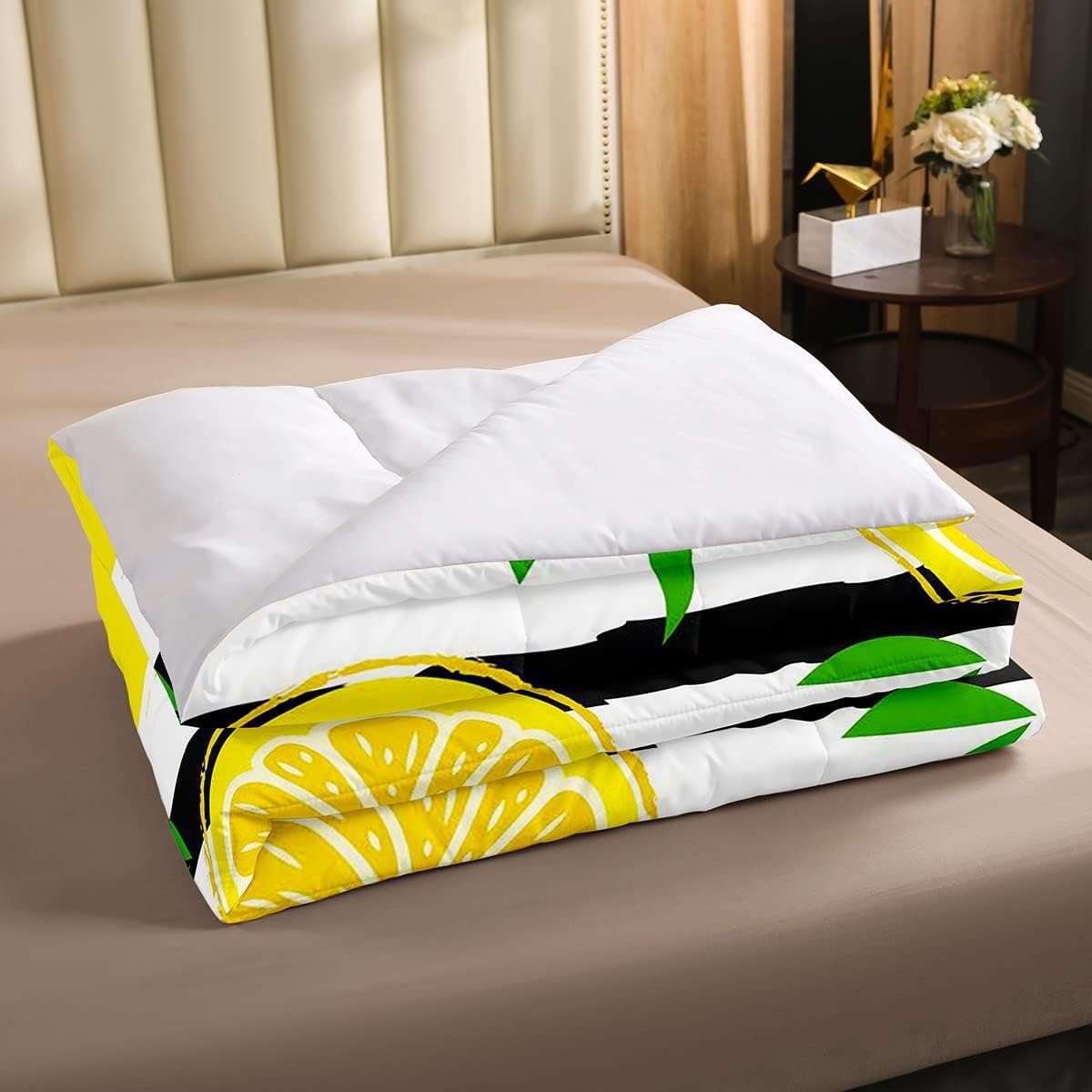 Erosebridal Juego de edredón de limón, juego de ropa de cama de frutas de verano para niños y niñas, edredón geométrico a rayas negras y blancas,