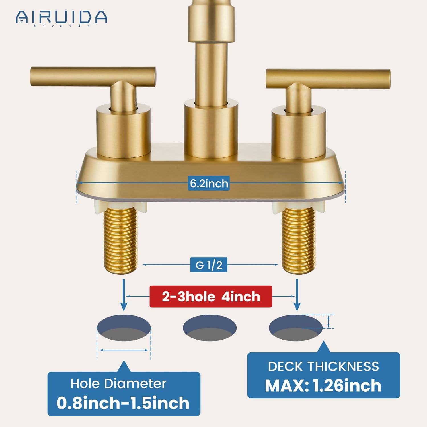 Airuida Grifo de baño central de 4 pulgadas, grifo de lavabo de baño de 2 asas, grifo de tocador de baño de dos agujeros con drenaje emergente, 2