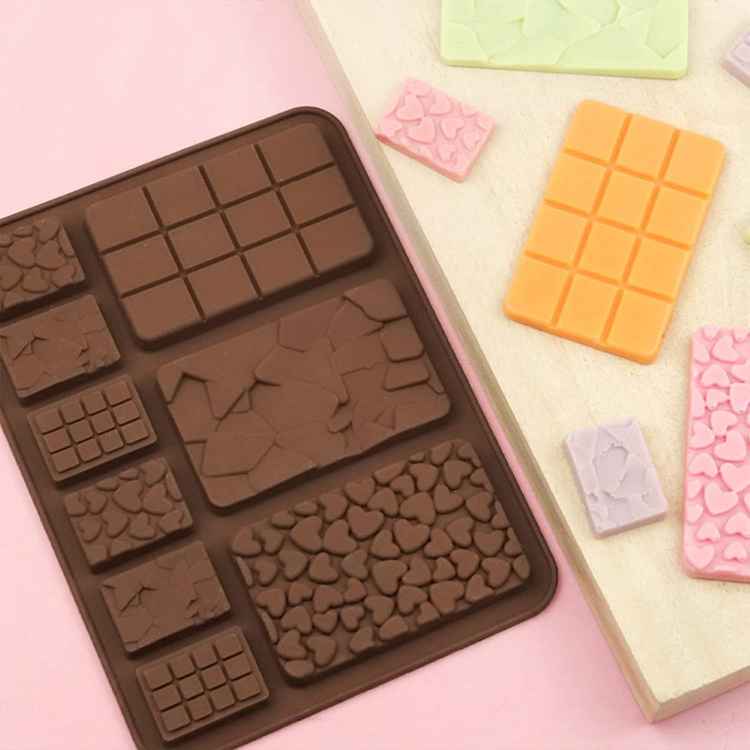 Molde de silicona para chocolate, forma de mezcla, barra de chocolate con forma de gofre, fragmentos en forma de corazón, molde de forma cuadrada, 3