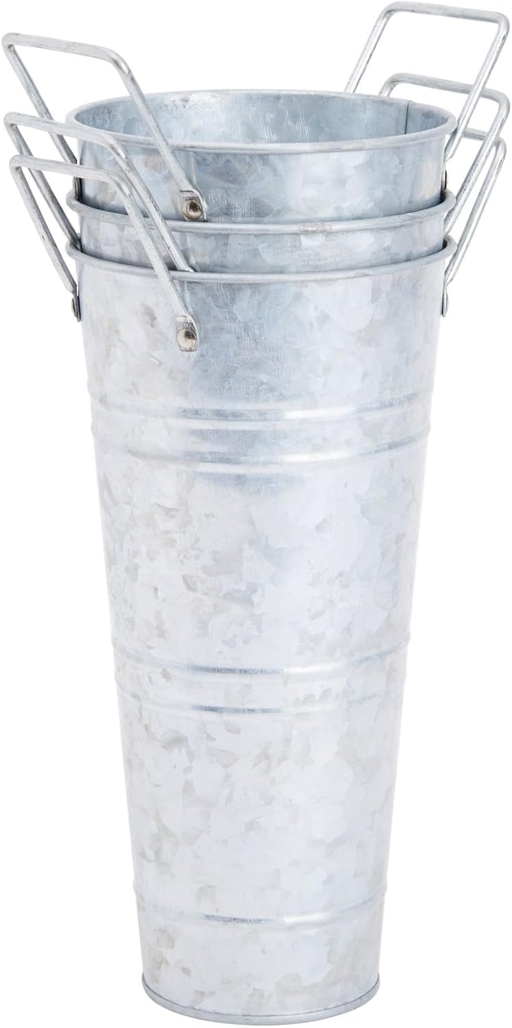Farmlyn Creek Paquete de 4 cubos de flores galvanizados de 10 pulgadas con asas para decoración de granja de estilo rústico, jarrones de metal para