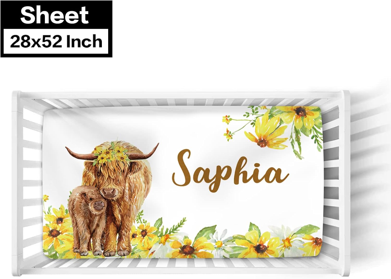 Juego de ropa de cama personalizado para cuna de vaca de las tierras altas amarillas para bebé, juegos de cuna de bebé personalizados con nombre,