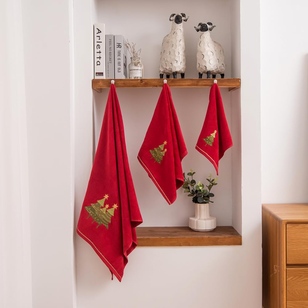 Marina Decoration Christmas Premium Luxury Decor Ultra Soft 100% algodón bordado baño moderno Navidad 3 piezas juego de toallas color rojo verde