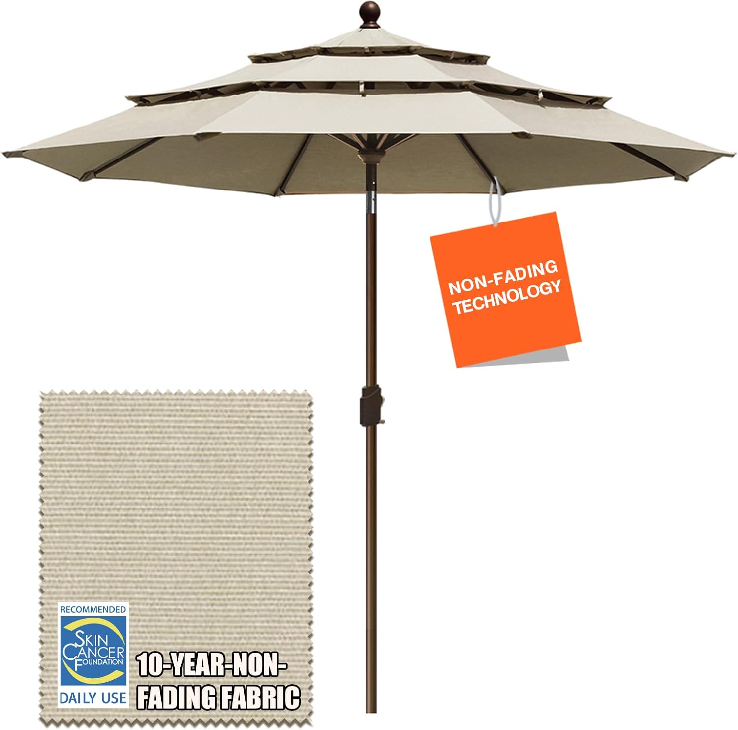 EliteShade Sunumbrella – Sombrilla de patio de 9 pies y 3 niveles, para mercado, exteriores, mesa, no se decolora, con ventilación, color beige