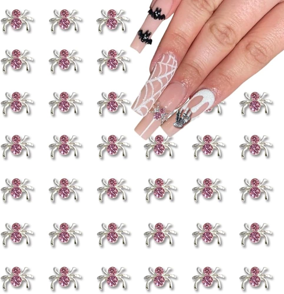SHANRUN 36 dijes de uñas de araña, decoración de Halloween, diamantes de imitación plateados para uñas acrílicas, dijes de uñas de aleación con gema