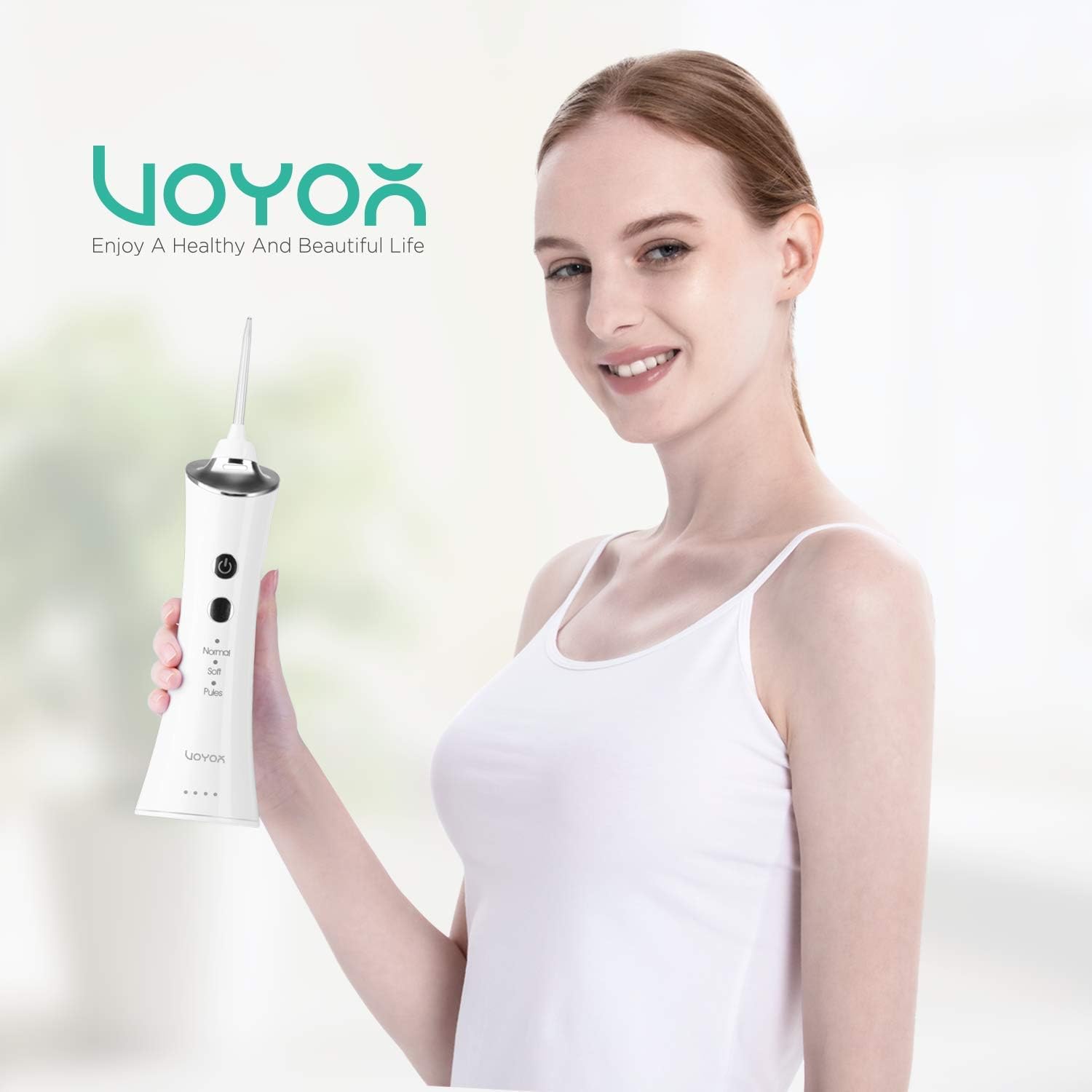 VOYOR – Irrigador dental de agua para dientes, irrigador oral portátil y recargable con 4 puntas de hilo dental y púas de limpiador de dientes