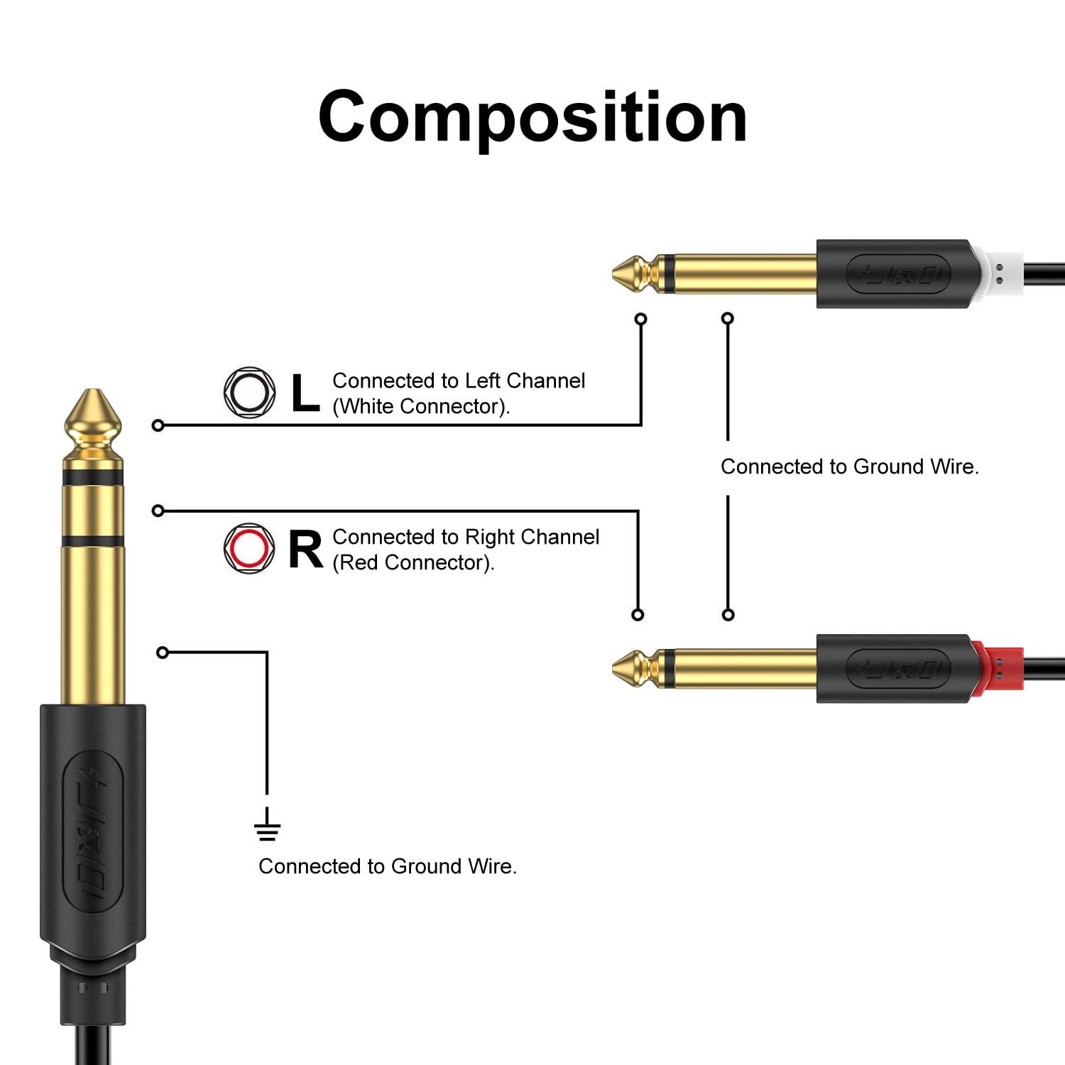 J&D Cable de inserción estéreo TRS de 14 de pulgada, chapado en oro, serie Audiowave de 0.250 in 14 pulgadas TRS macho a doble 0.250 in 14 pulgadas