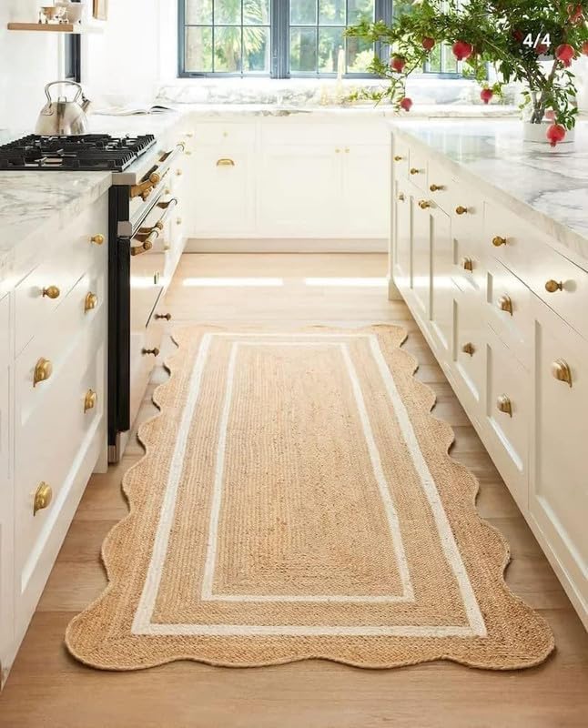 Alfombra de yute festoneado natural para entrada, alfombra trenzada de yute para cocina, alfombra reversible de yute para interiores y exteriores,