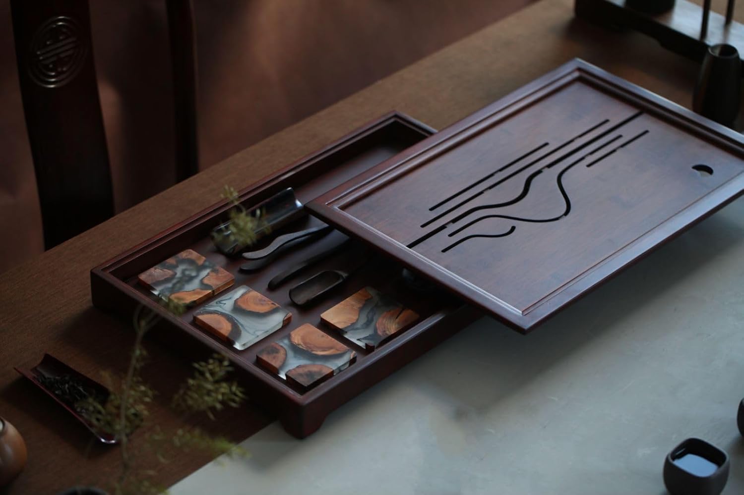 JIKUGO Bandeja de té de bambú, bandeja china de té de kungfu, juego de té vintage, bandeja de té gongfu, almacenamiento de agua mesa de té de bambú