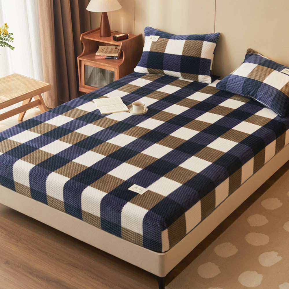 Mengersi Juego de sábanas de felpa de terciopelo, juego de sábanas simples con estampado de vellón a cuadros, acogedoras y cálidas (Queen, azul)