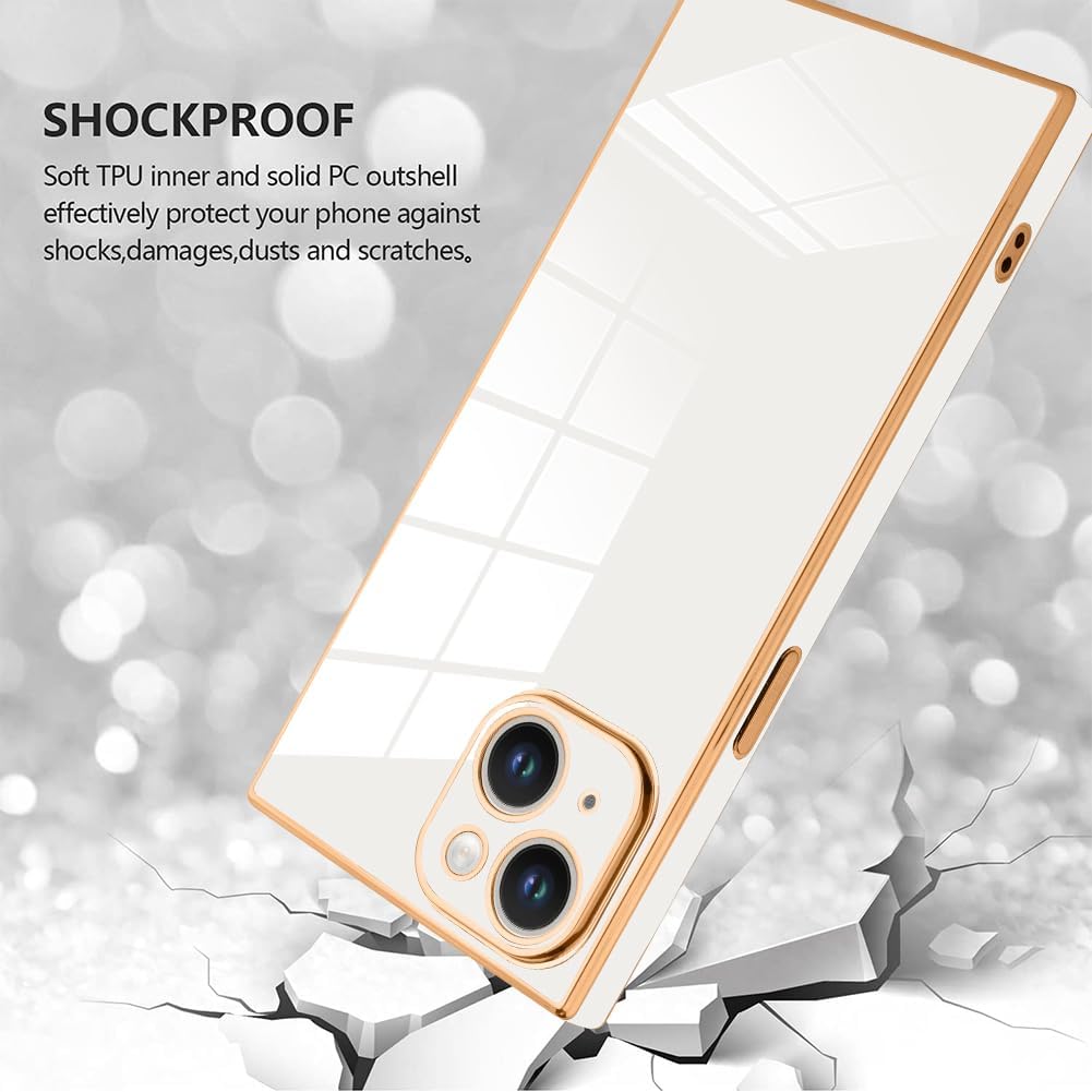 SAKUULO Funda de teléfono para iPhone 15 Plus, bonita funda cuadrada dorada chapada en oro para mujeres y niñas, TPU suave, a prueba de golpes,