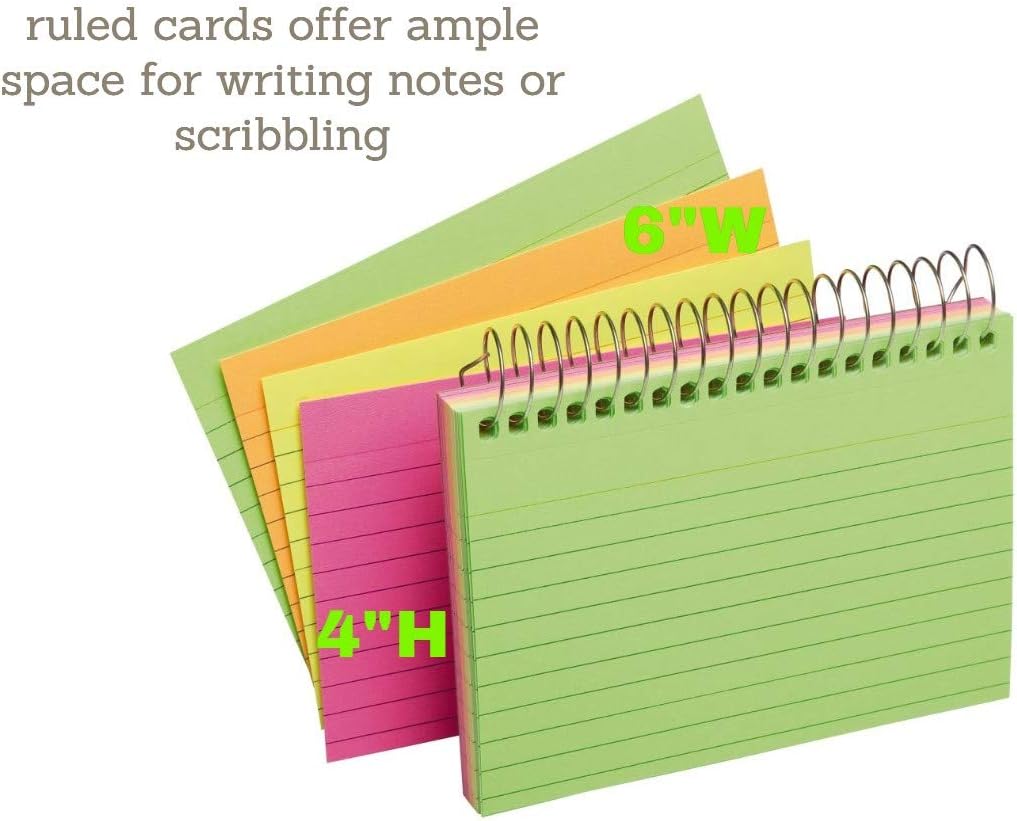 1InTheOffice Fichas de índice en espiral de 4 x 6 pulgadas, con rayas, encuadernadas en espiral, tarjetas de notas en espiral, colores surtidos, 50