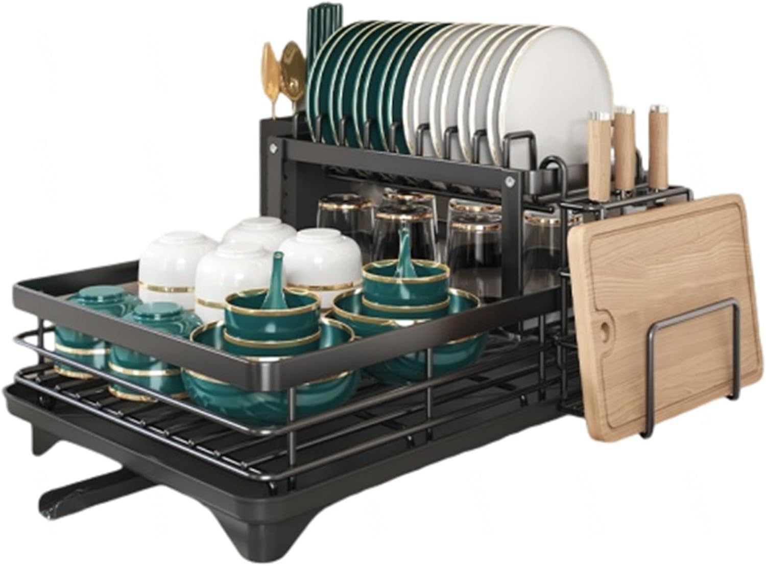 Escurridor grande de 2 niveles para encimera de cocina, escurridor de platos con soporte extraíble para utensilios, escurridor de platos desmontable