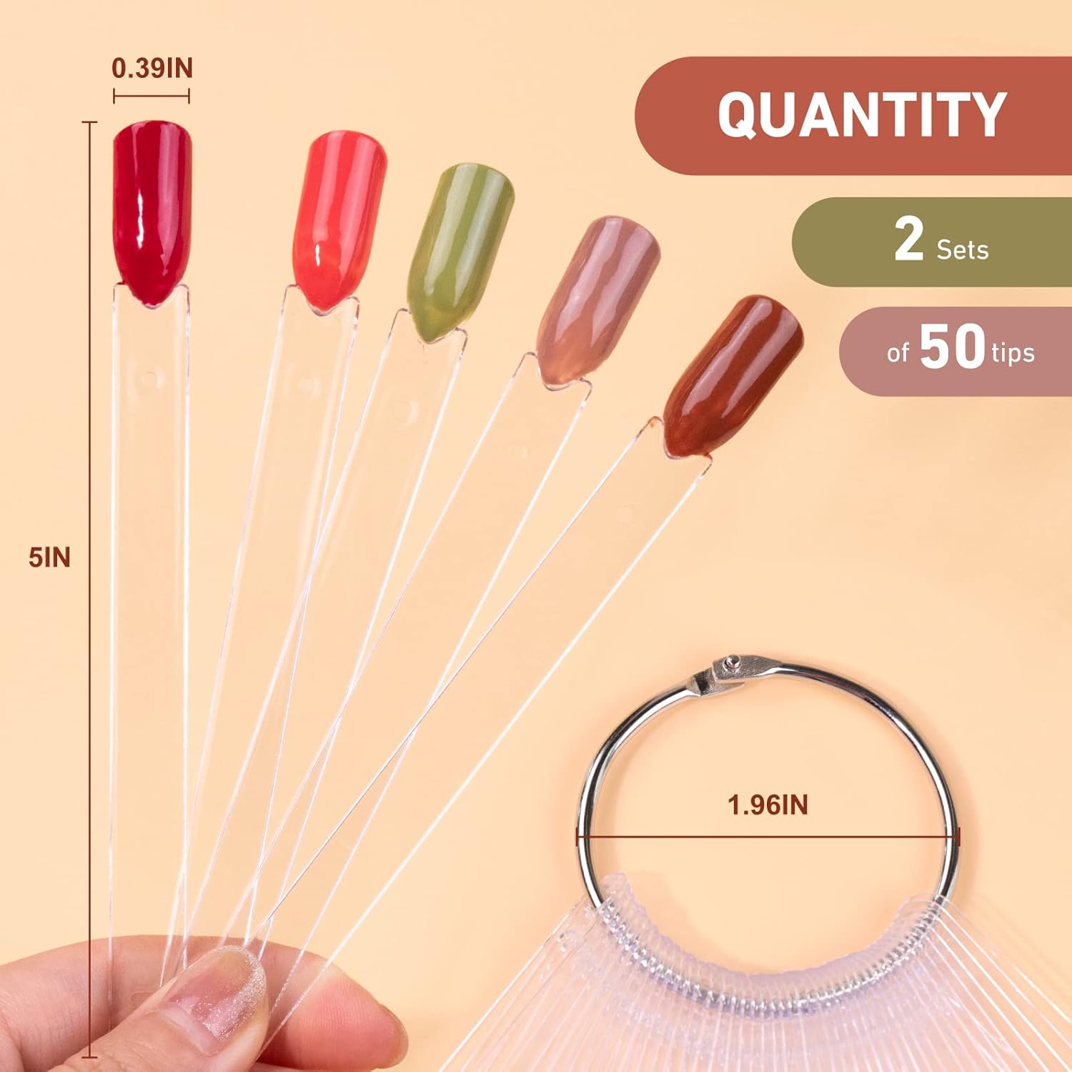 100pcs Fan-Shaped falso falso Nail Art Tips Sticks polaco Gel Salon Display Práctica Herramientas con metal Anillo de Split Holder (Clear)
