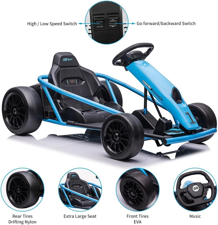 Go Kart de 24 V para niños de 8 a 12 años, 300 W x 2 motores extra potentes, batería grande de 9 Ah de 8 MPH de alta velocidad con música, bocina,
